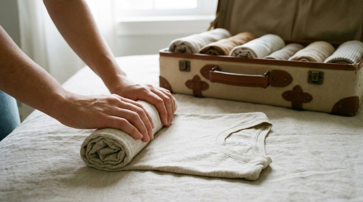 door kleding op te rollen in plaats van op te vouwen in je koffer, bespaar je ruimte en voorkom je hardnekkige vouwen in de stof.